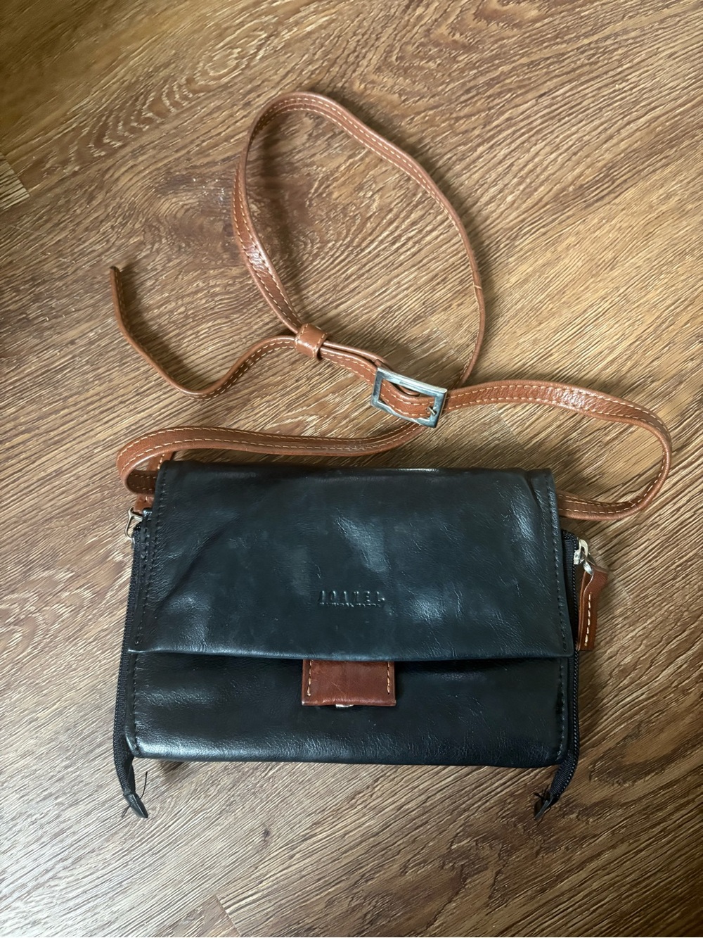 Vintage Joanel Black Leather Crossbody/Wallet Bag with Brown Accents 5x8” EUC